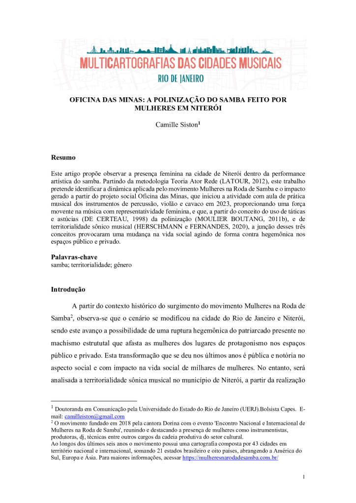 OFICINA DAS MINAS: A POLINIZAÇÃO DO SAMBA FEITO PORMULHERES EM NITERÓI