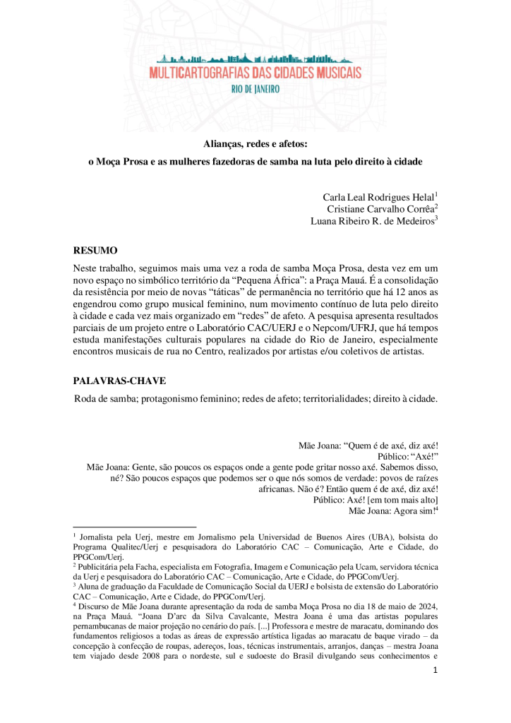 Alianças, redes e afetos: o Moça Prosa e as mulheres fazedoras de samba na luta pelo direito à cidade